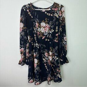Floral Ruffle Sleeve Long  Sleeve Mini Swing Dress M